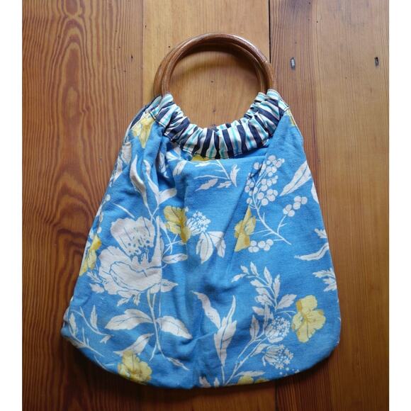 handmade Handbags - Vintage Cotton Reversible Floral Striped Maple Wood Handle Bermuda Hobo Purse